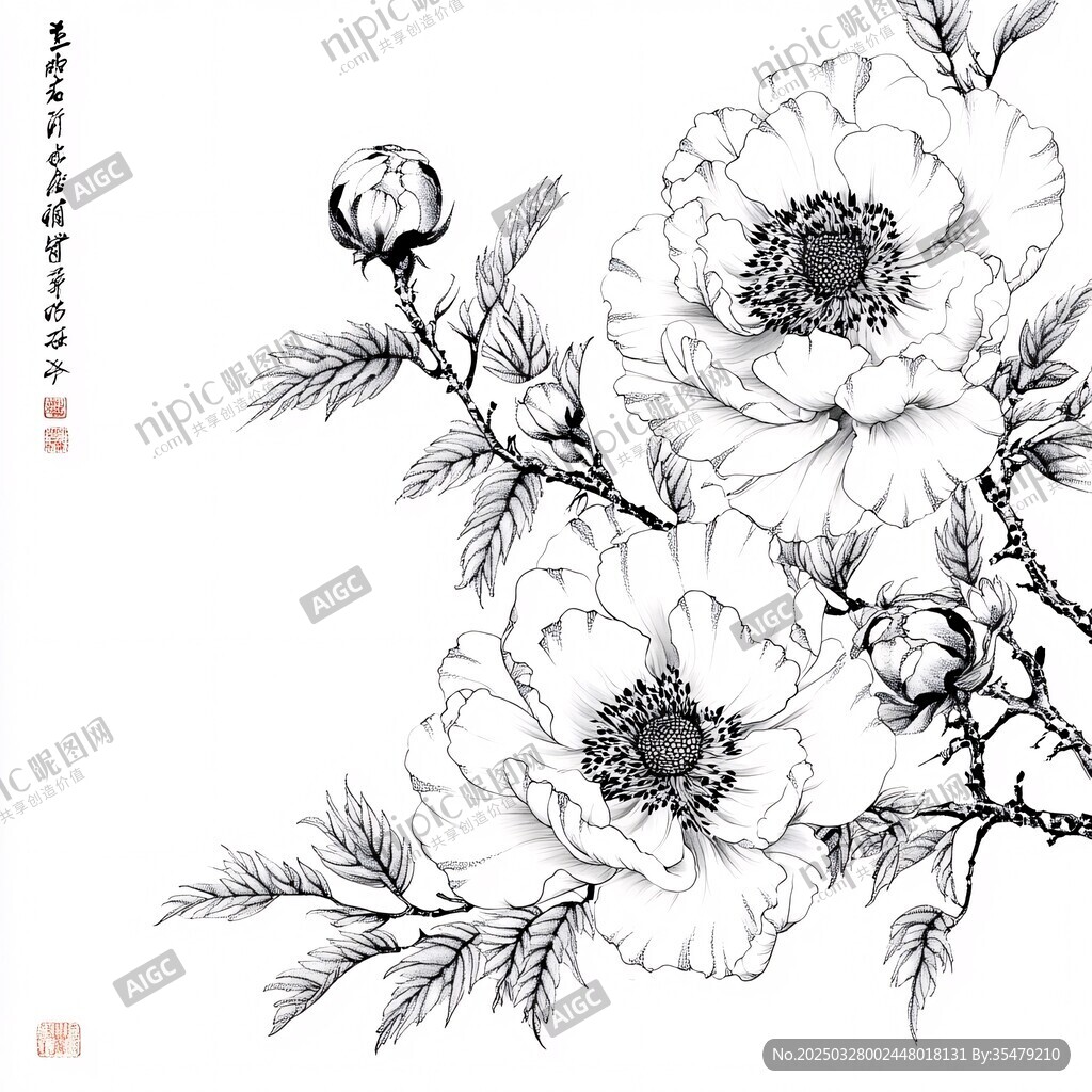 黑白工筆花卉寫意畫