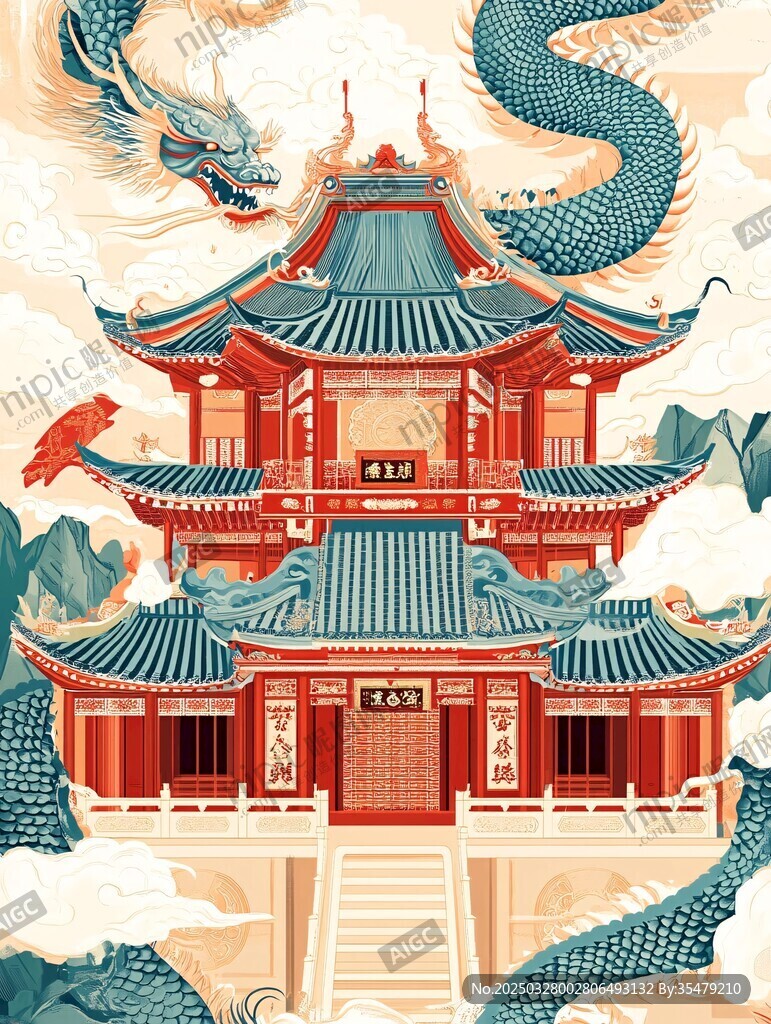 古風龍繞中式樓閣建筑圖