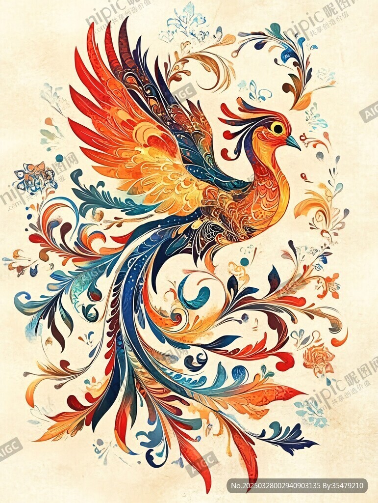 鳳凰插畫 絢麗花紋與色彩