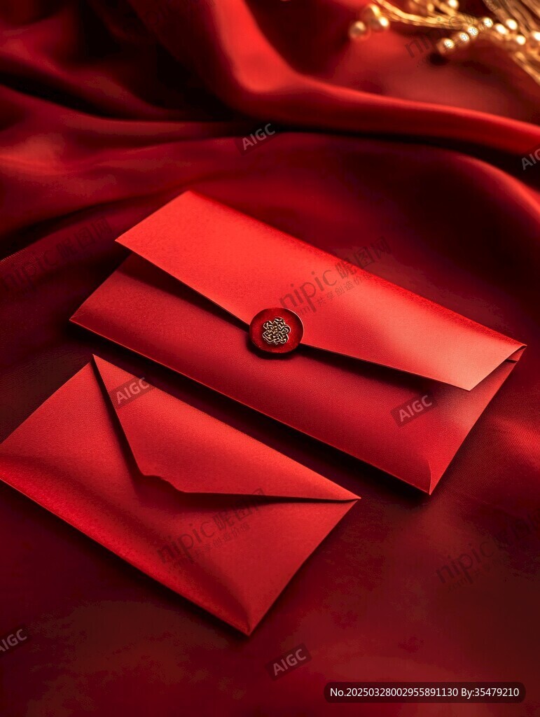 紅色精美信封與華貴綢緞