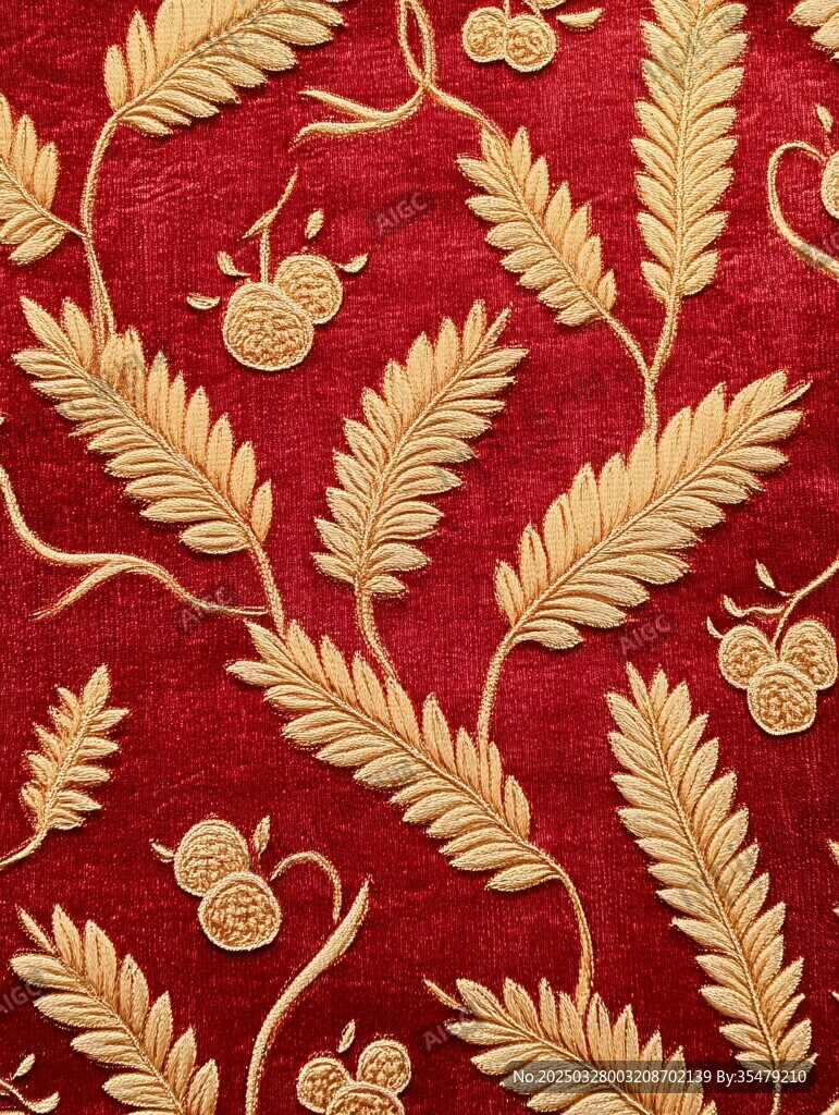 紅色錦緞上的金色刺繡圖案