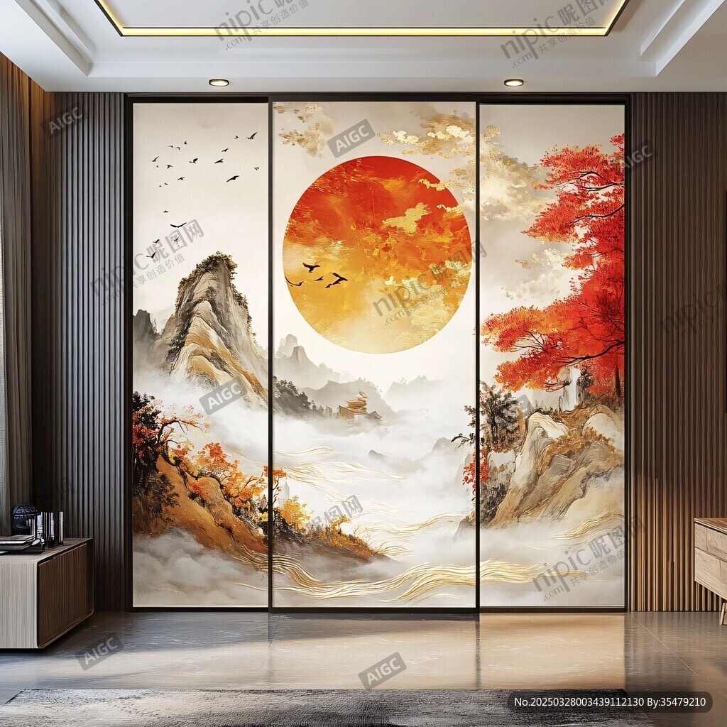 中式山水紅日屏風美如畫