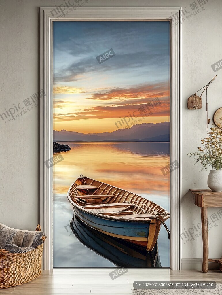 夕陽下湖畔小船唯美畫面