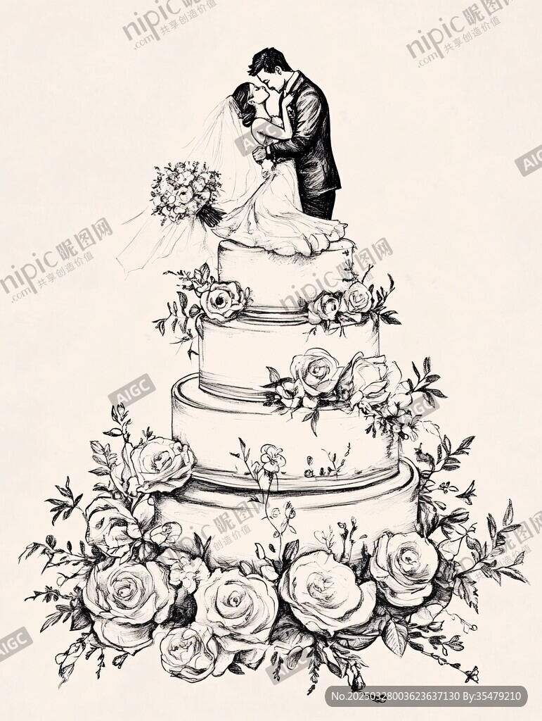 新婚夫婦立于婚禮蛋糕上