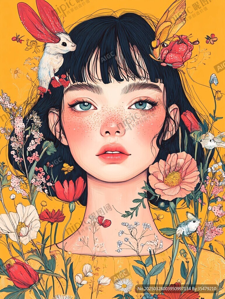 花中少女與靈動(dòng)小兔