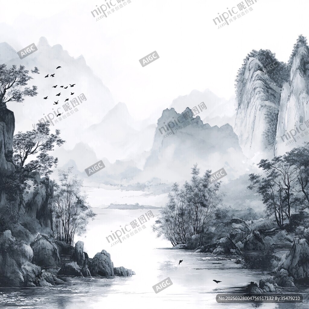 水墨山水間飛鳥(niǎo)伴溪流