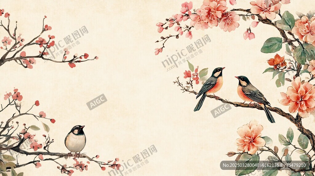 花鳥圖 枝頭雙雀伴繁花