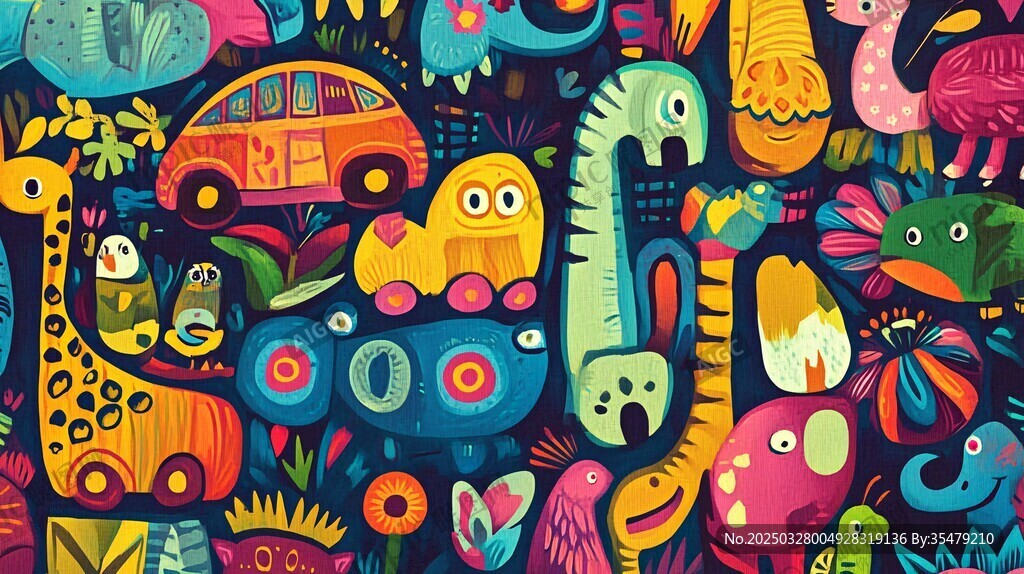 童趣動(dòng)物汽車插畫圖案