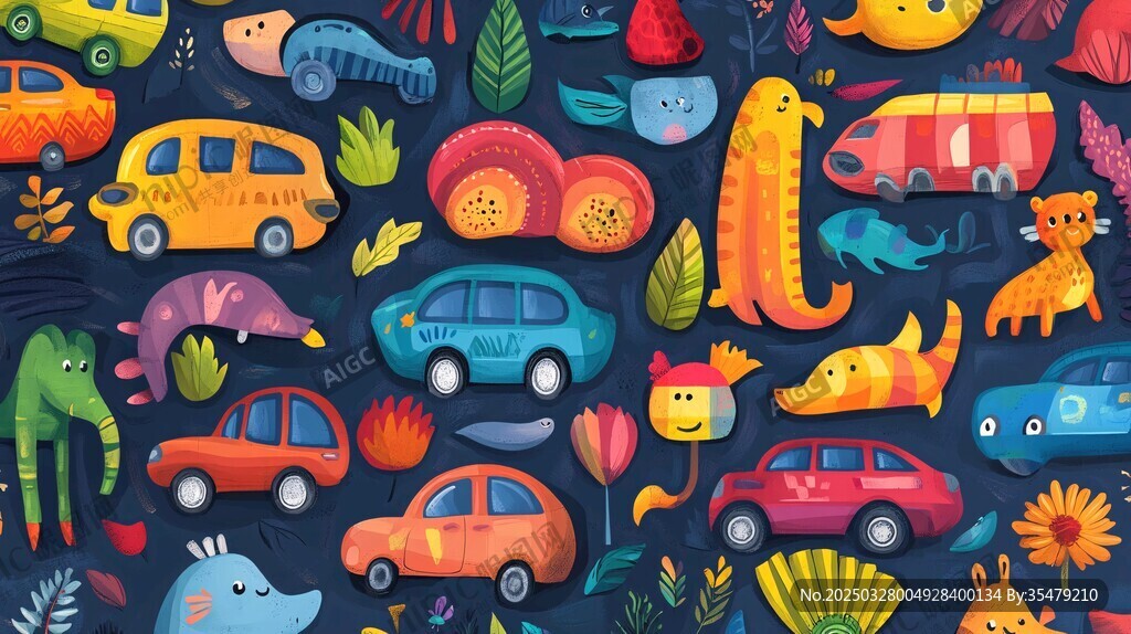 童趣汽車動物卡通插畫圖案