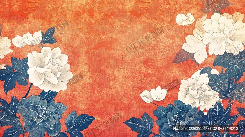 橙底牡丹花卉古風(fēng)背景圖