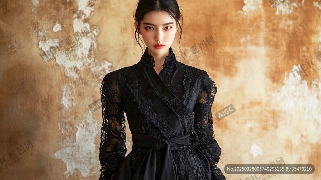 復古風黑色蕾絲服飾模特