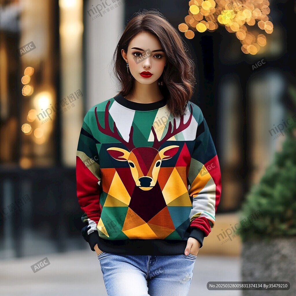時尚女士穿多彩鹿頭圖案衛(wèi)衣