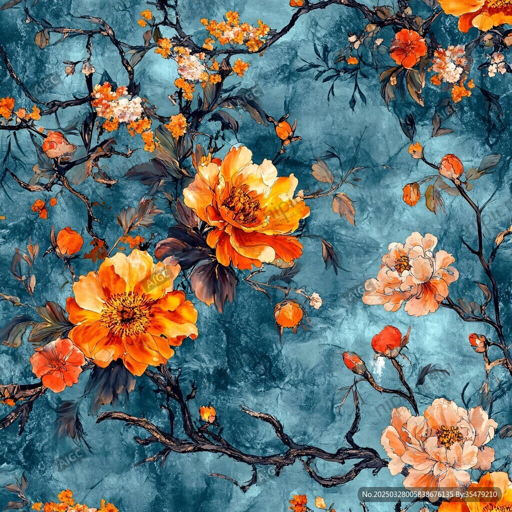 藍(lán)底繁花中式風(fēng)花卉圖案