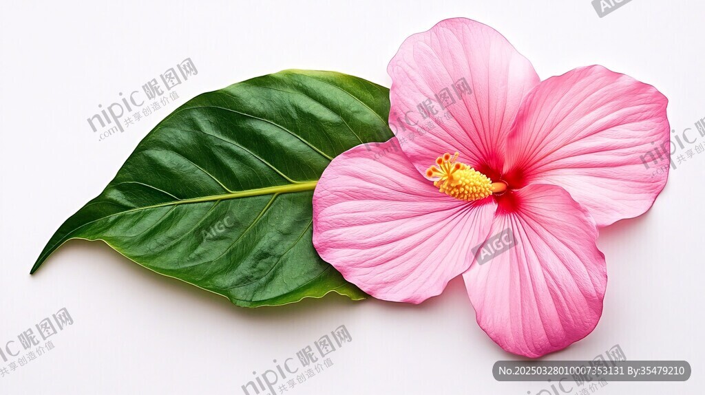 粉色木槿花與綠葉特寫