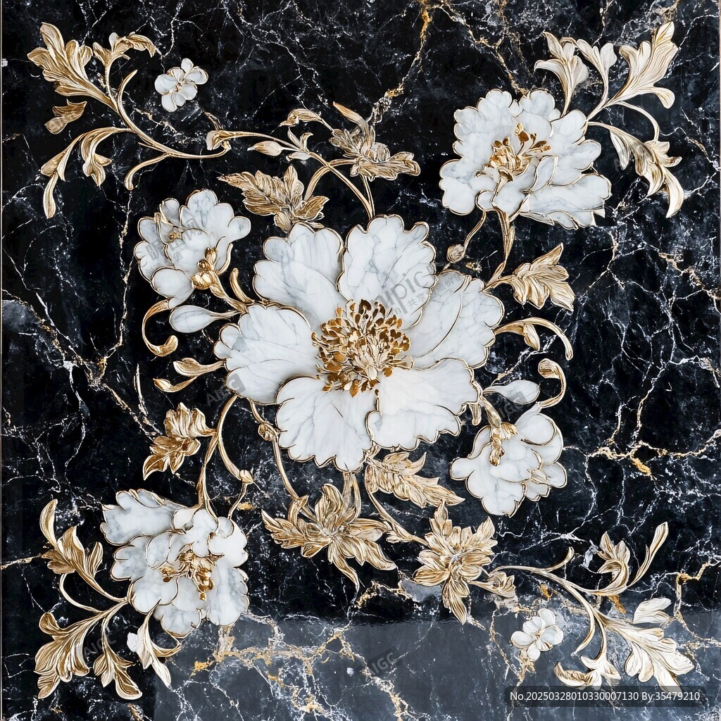 奢華黑金花卉大理石圖案