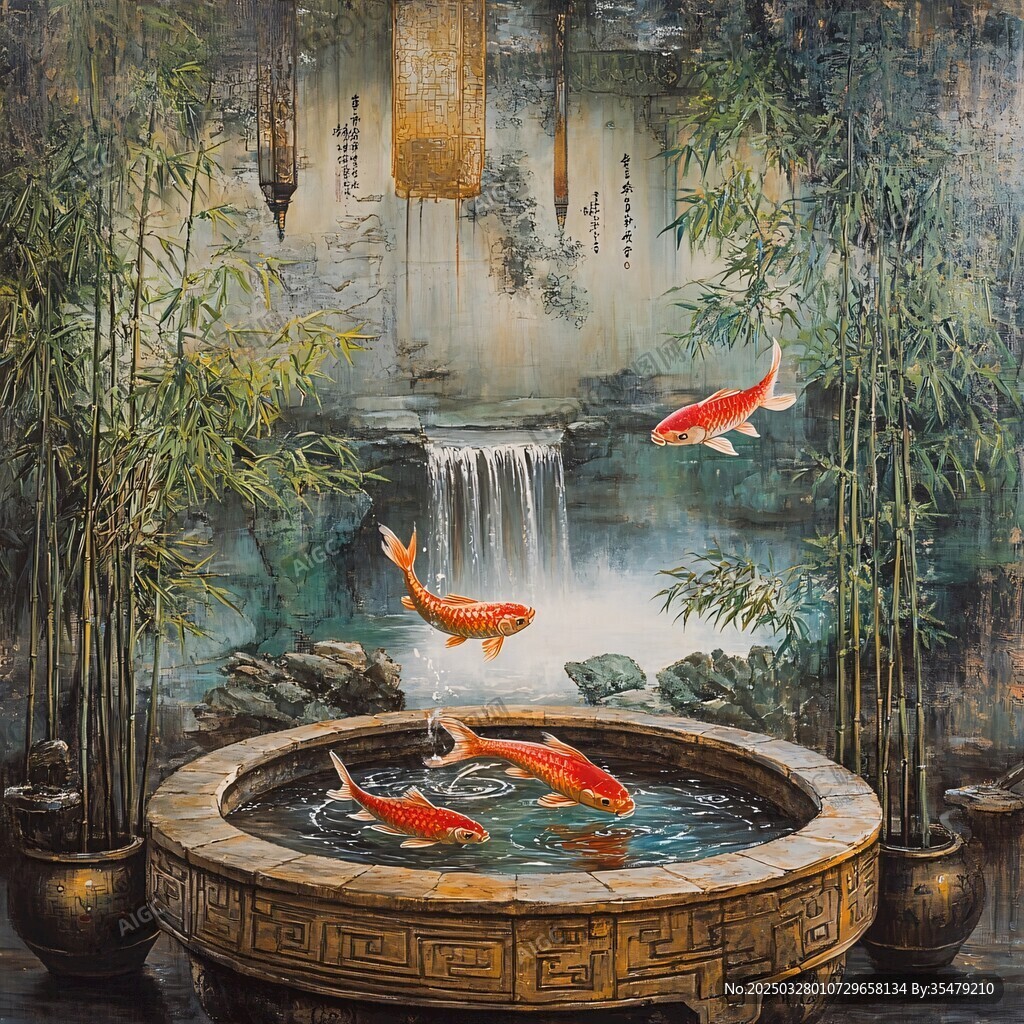 中式錦鯉池畔竹林瀑布景