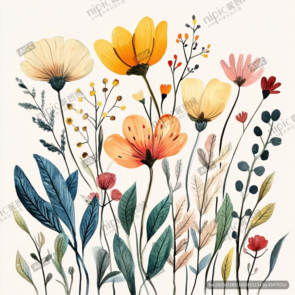 手繪多彩花卉插畫