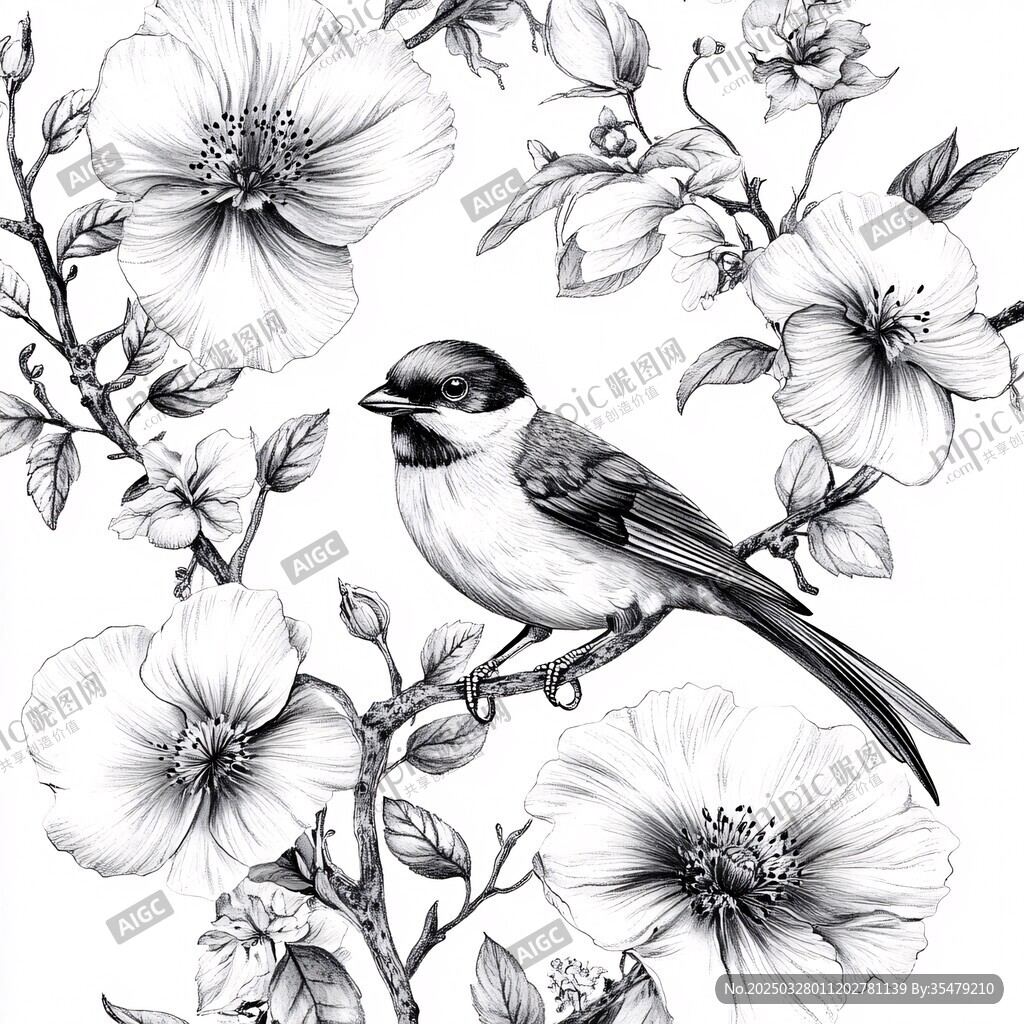花鳥(niǎo)黑白插畫(huà) 靜謐自然美