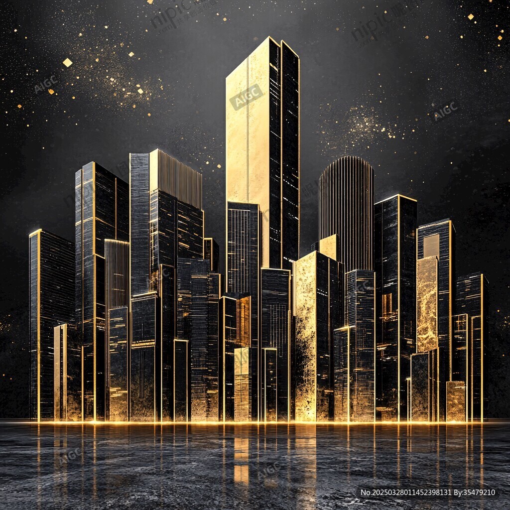 璀璨黑金都市建筑群夜景