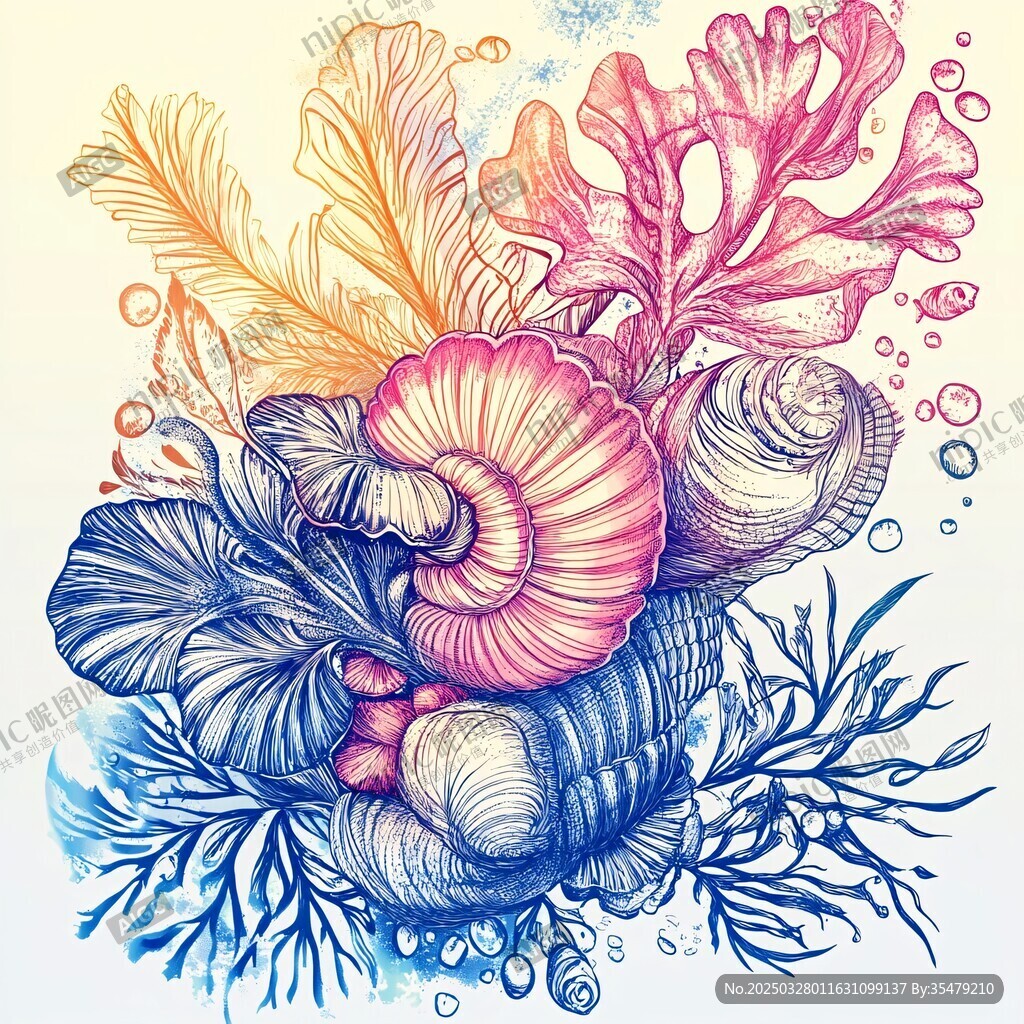 海洋珊瑚貝殼夢幻插畫