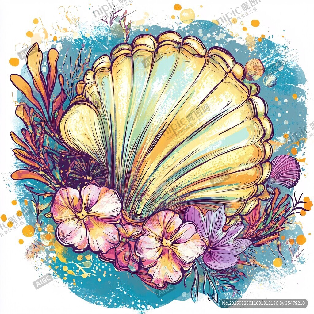 貝殼花卉海洋夢幻插畫
