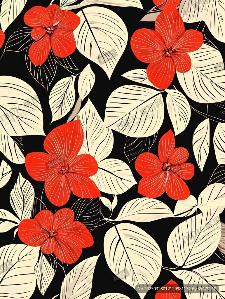 紅色花卉黑白葉圖案紋理