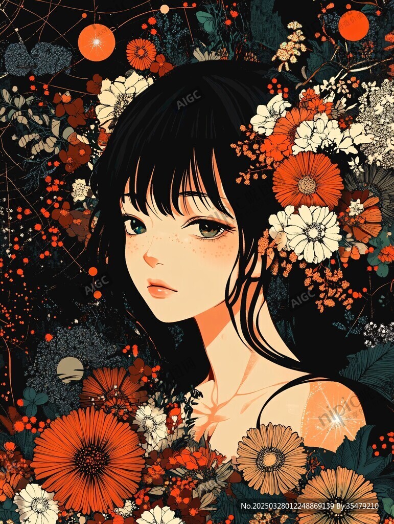花簇中的神秘少女