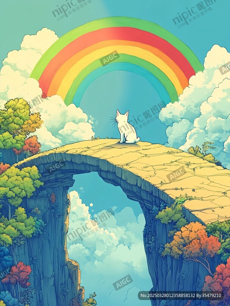 小貓望彩虹于石橋之上