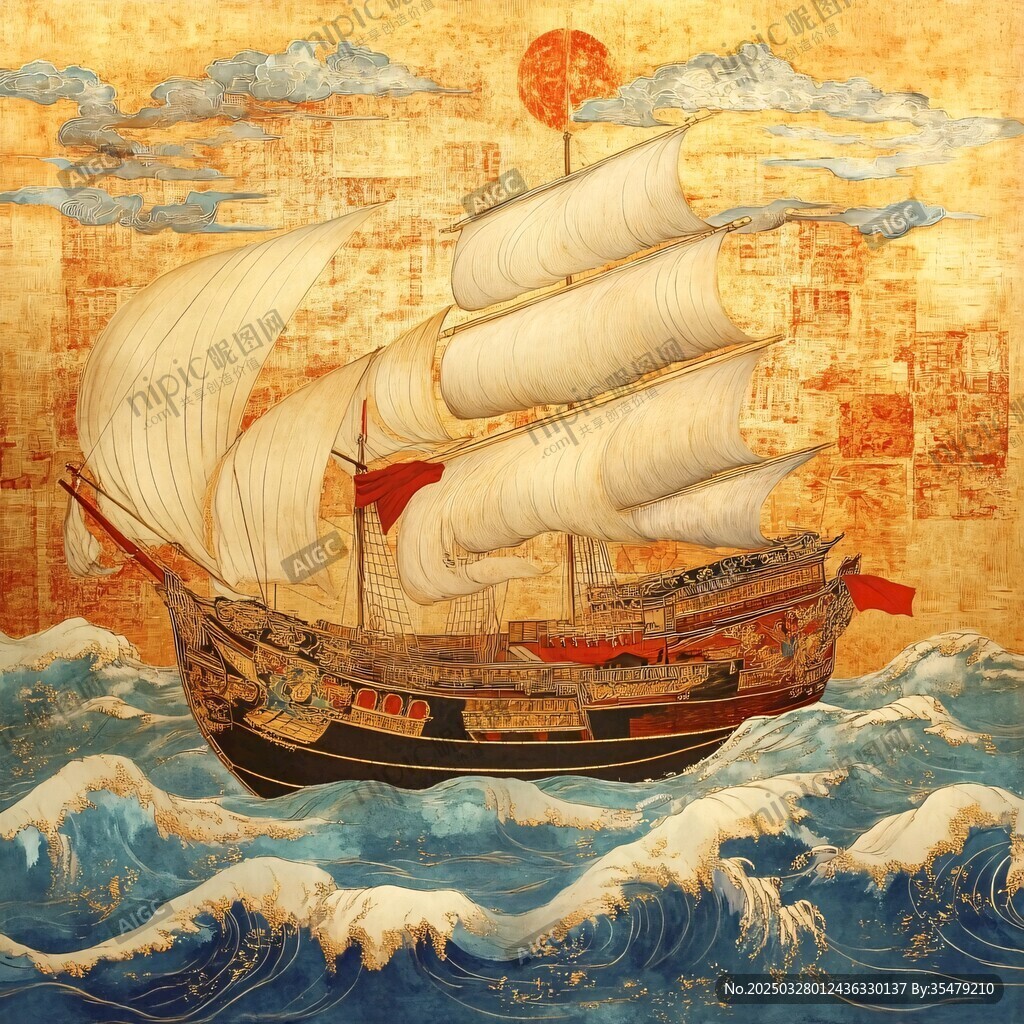 海上帆船航行于壯麗波濤間