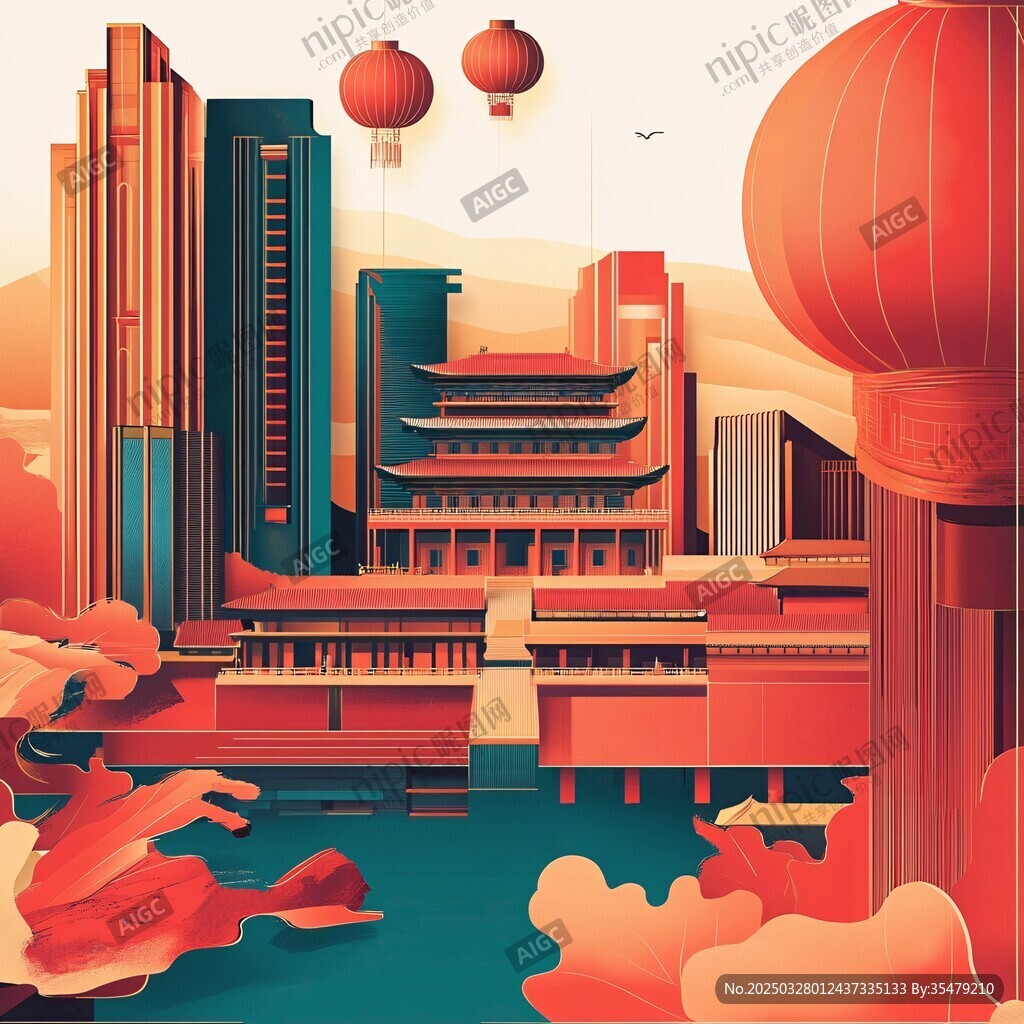 中式城市景觀與紅燈籠