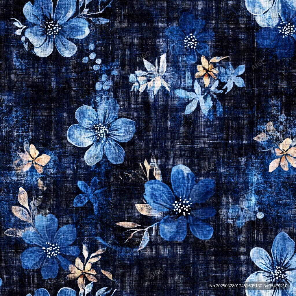 深藍(lán)色調(diào)花卉圖案布料