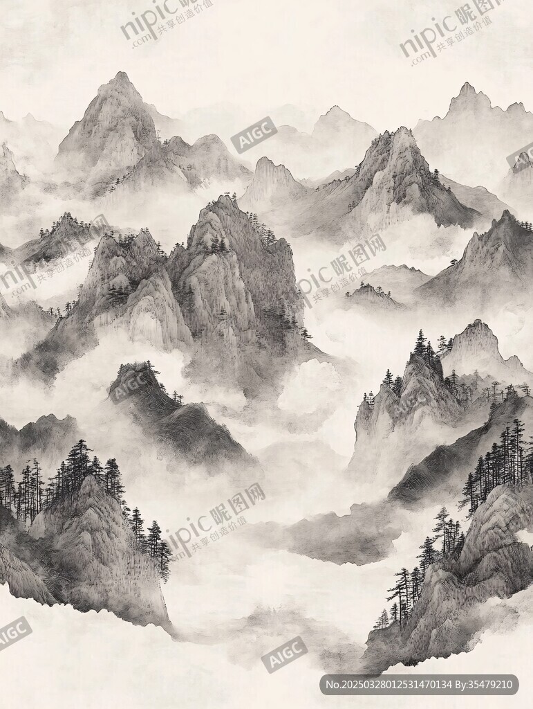 水墨群山云霧繚繞之景