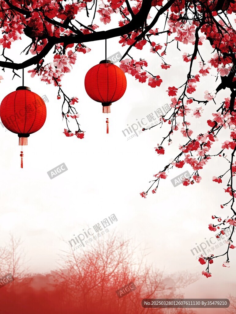 紅燈籠映紅梅春意濃