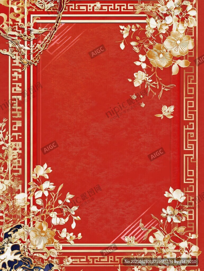 中式紅底金紋花卉邊框背景
