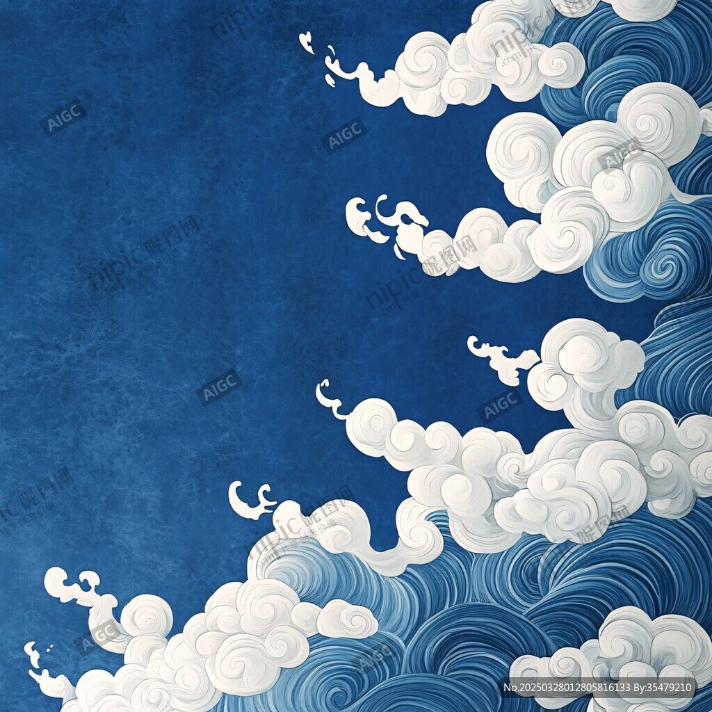 中式藍白海浪云紋背景圖