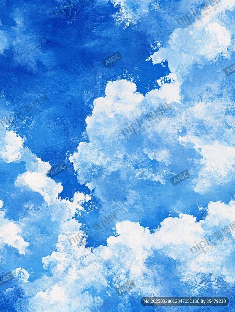 夢幻藍色天空云朵水彩畫