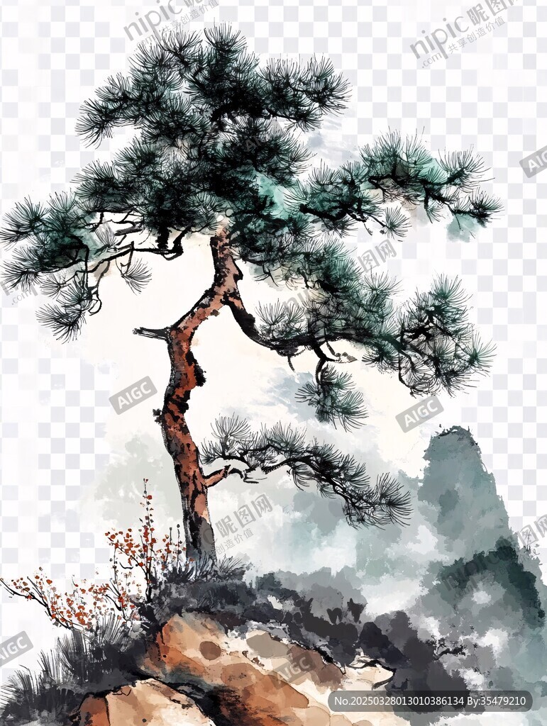 水墨孤松立 山川添幽韻