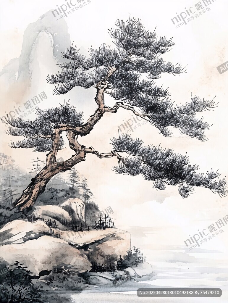 水墨孤松立石間