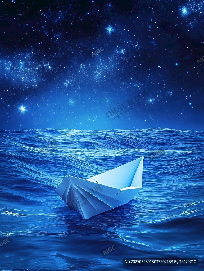 紙船在星空下的藍色海洋