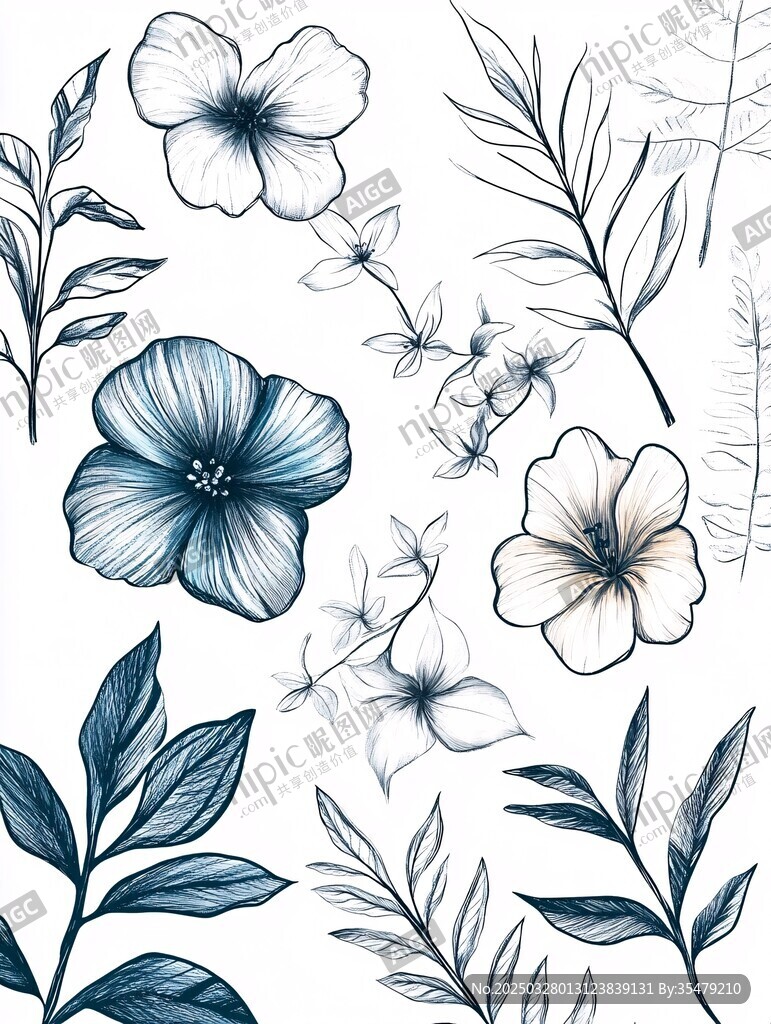 藍(lán)白花卉植物插畫圖案