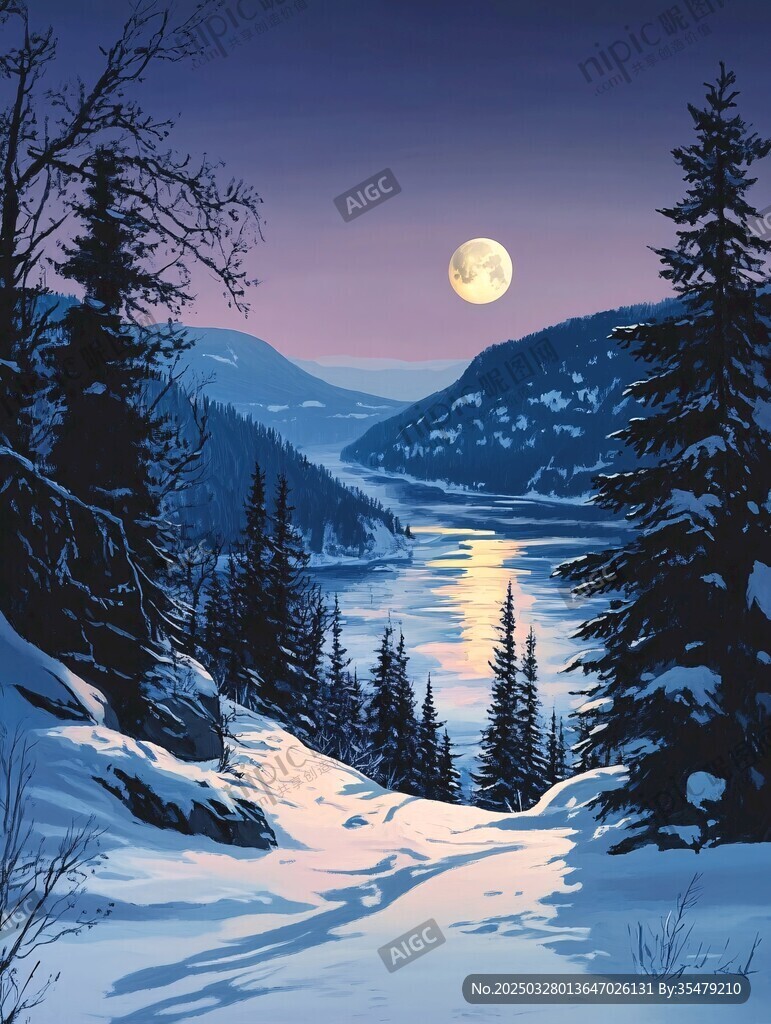 雪夜山林中的靜謐月色