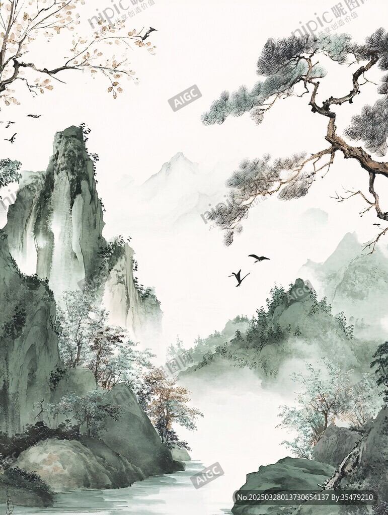 水墨山水間飛鳥繞松景