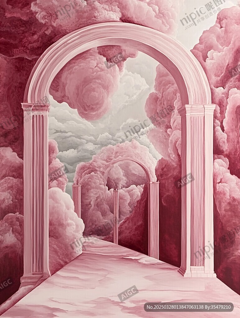 夢幻粉色云霧中的拱形通道
