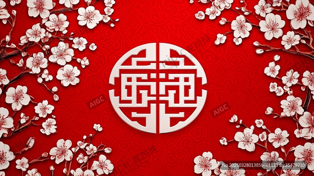 中式紅底繁花福字裝飾圖