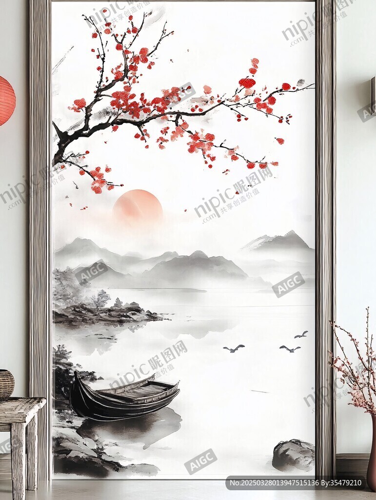 中式水墨梅花山水意境圖