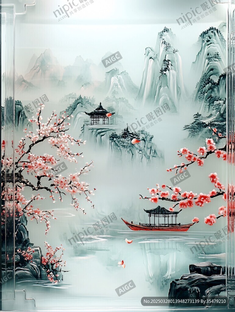 水墨山水間的春日泛舟景