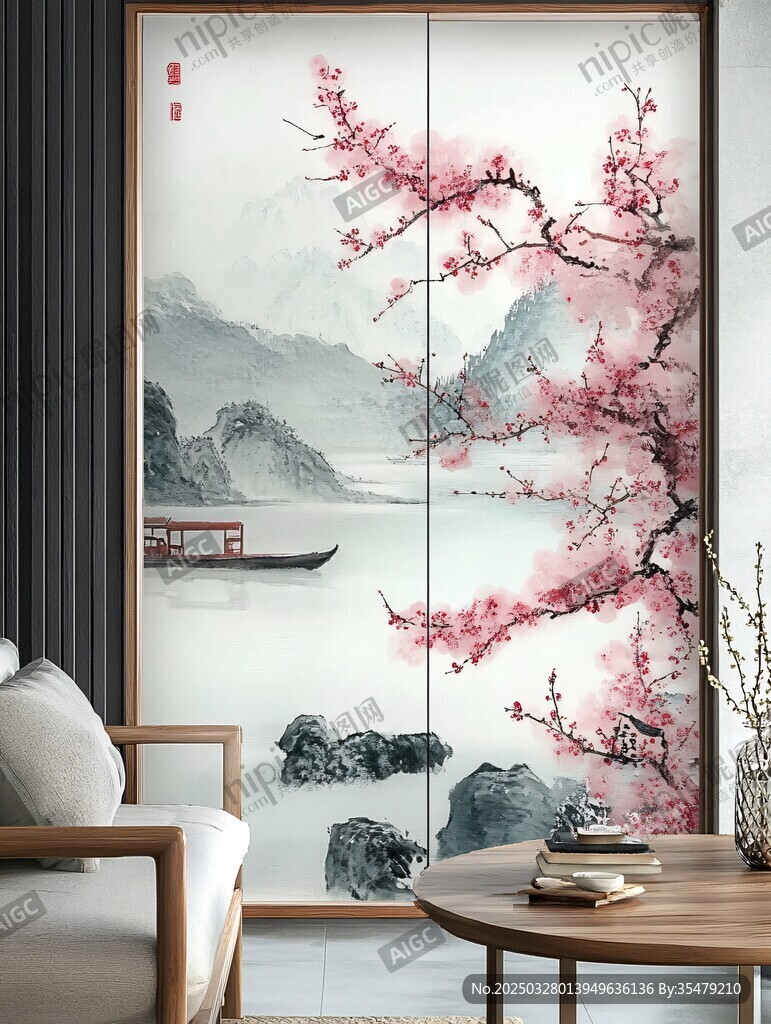 中式花鳥山水移門裝飾畫
