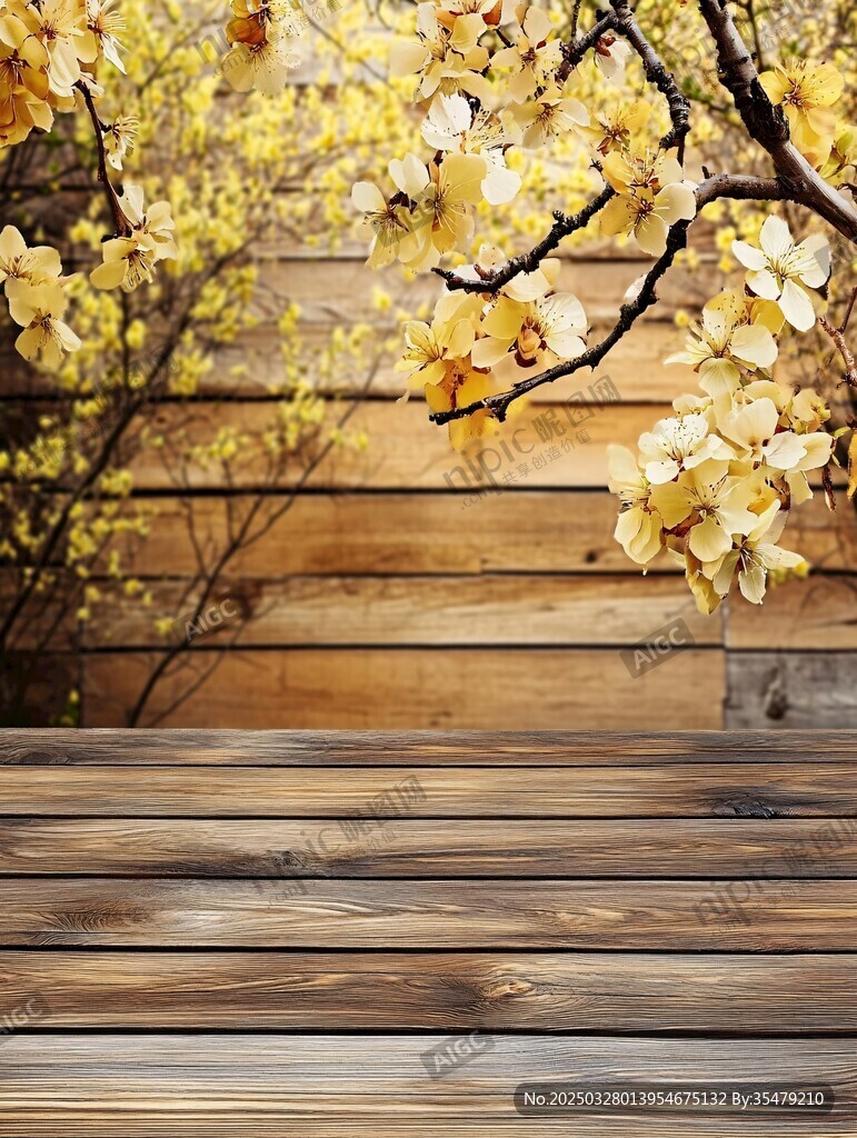 木質(zhì)平臺(tái)旁的爛漫春花