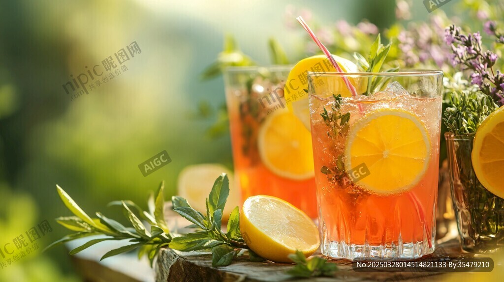 戶外檸檬茶飲與清新花草