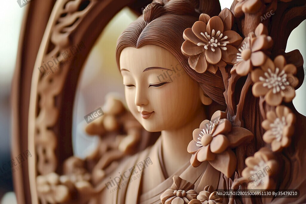 木雕古典美人 精致花朵相伴